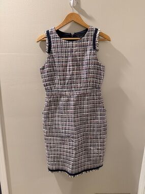 J. Crew Navy Multi Tweed Midi Sheath Dress with Fringe Trim